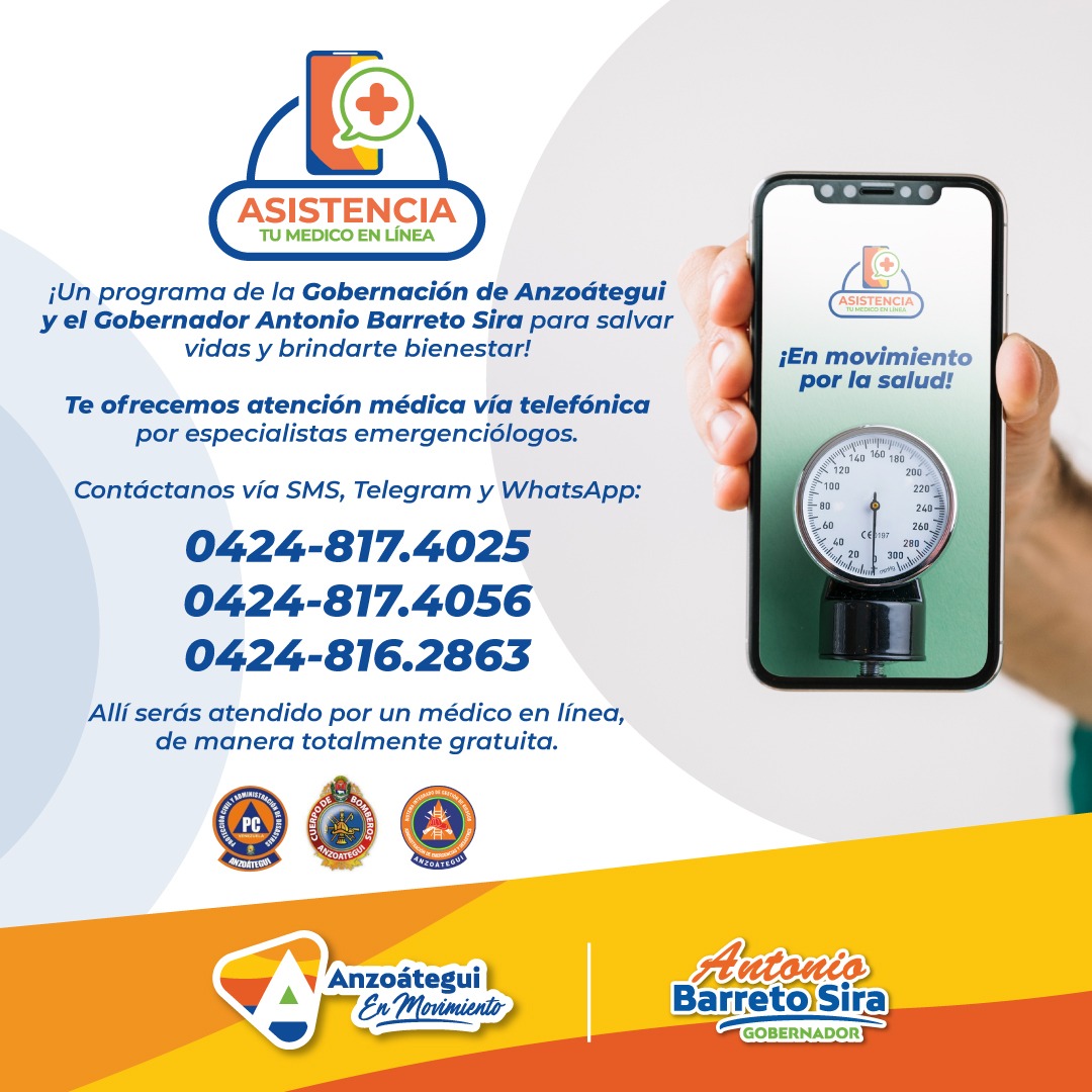 Recuerda que "Tu Médico en Línea" es un programa que está para atenderte; no dudes en llamar cuando lo creas necesario.

En la Gobernación de #Anzoátegui seguimos en movimiento por ti y por tu salud.
