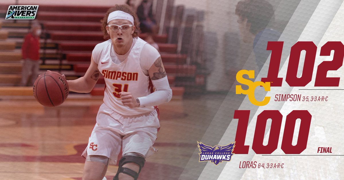 FINAL (2 OT) | Simpson 102, Loras 100 

Andrew Curran drains a jumper with seconds left to win it for the Storm!

Curran finished with 43 points!

#ONESimpson | #rollriversMBB