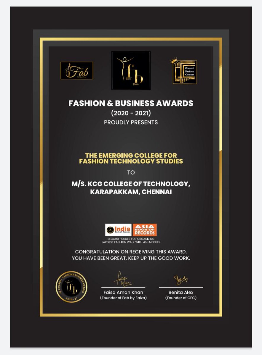 kcgft's tweet photo. "The Emerging College for Fashion 
Technology Studies"- was awarded to KCG College  of Technology by Sakshi Agarwal in the Namma Chennai FB Awards 2021#fashiontechnology#fashionawards#fbawards#fashionshow https://t.co/yrXVbx4zab