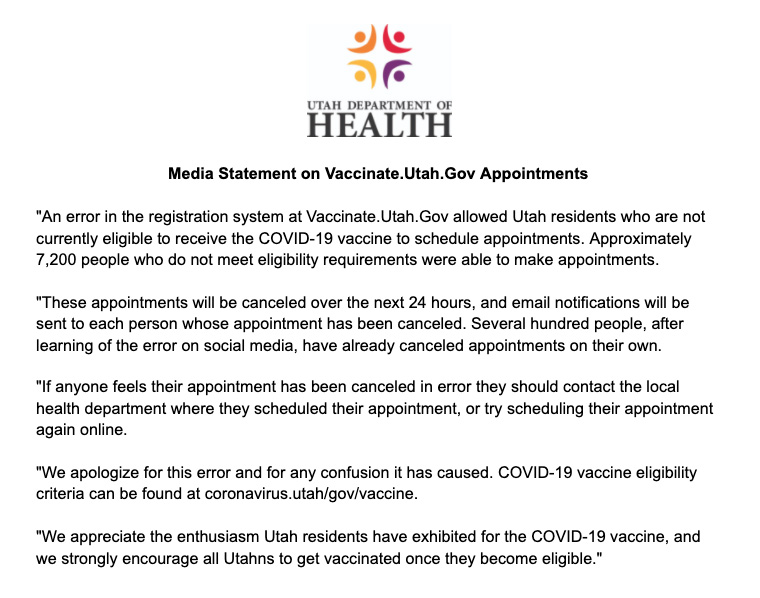 Utah Dept Of Health On Twitter Utah Media Please See The Attached Statement Concerning Covid19 Vaccine Appointments Scheduled Through Vaccinateutah Https T Co 1nw5tj3lrp