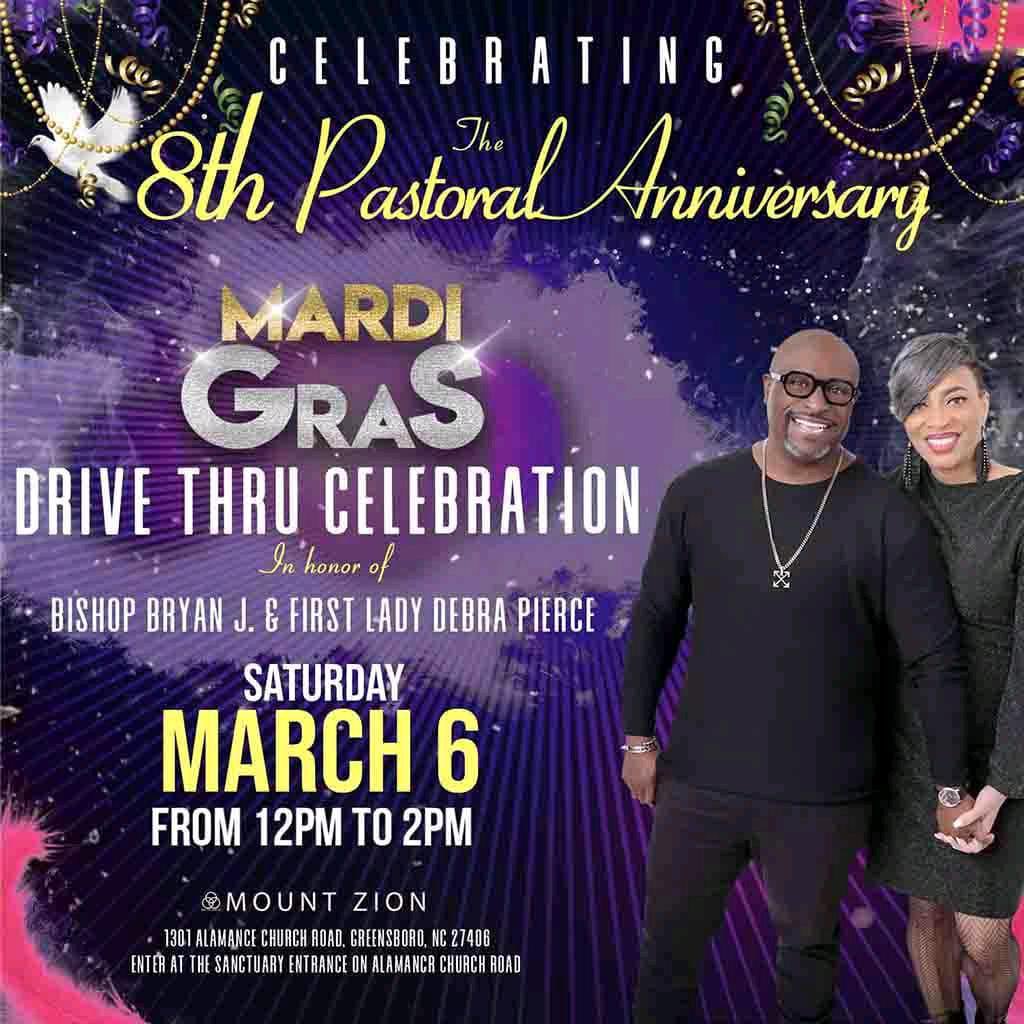 1 week from today, join us as we kick off Bishop &amp; First Lady Pierce's 8th Pastoral Anniversary Celebration with a Mardi Gras themed DRIVE THRU Experience. 

Taking placing Saturday, March 6 from 12pm-2pm. This  honors our Bishop's beloved New Orleans origins! #mtzgso #mtzrdu