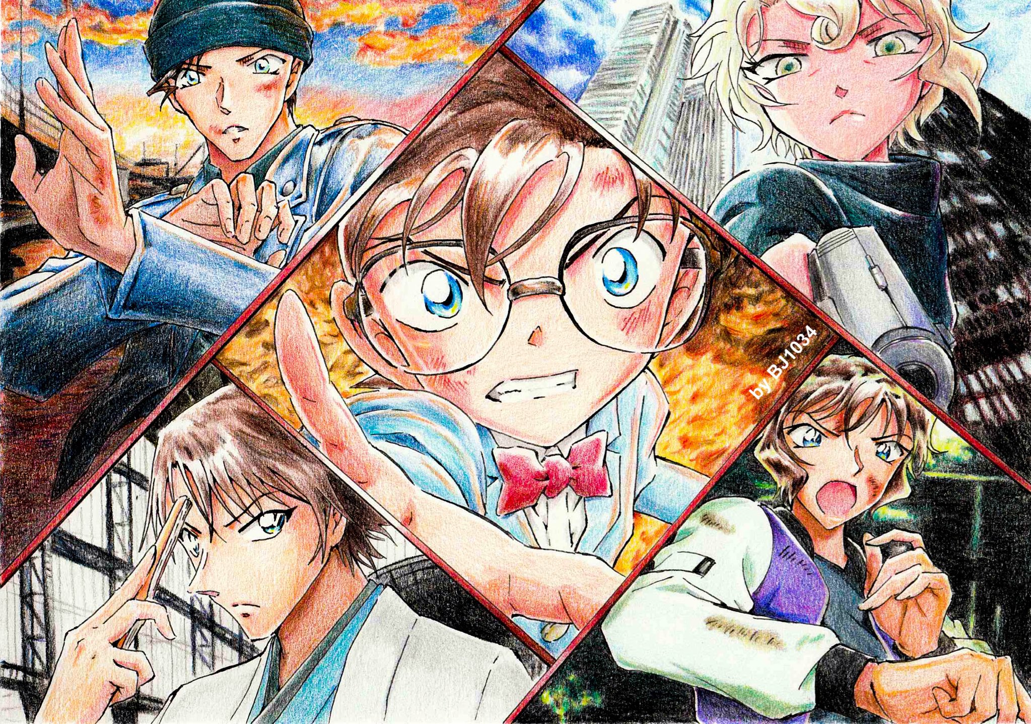 Bj1034 色鉛筆でコナンイラスト描いてます 劇場版の新ビジュアルを 私なりの解釈でアレンジ模写させていただきました 名探偵コナン 色鉛筆 色鉛筆イラスト Conan Ditectiveconan 江戸川コナン 赤井秀一 羽田秀吉 メアリー 世良真純 赤井