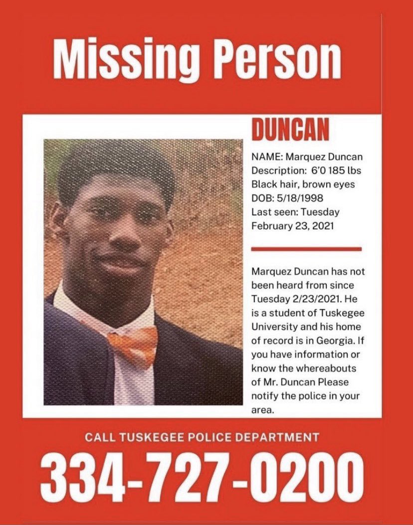 puthymonthter's tweet photo. PLEASE help me find my brother, Marquez Duncan, last seen 2/23 #tuskegeeuniversity #tu https://t.co/lxuMZO3yhz