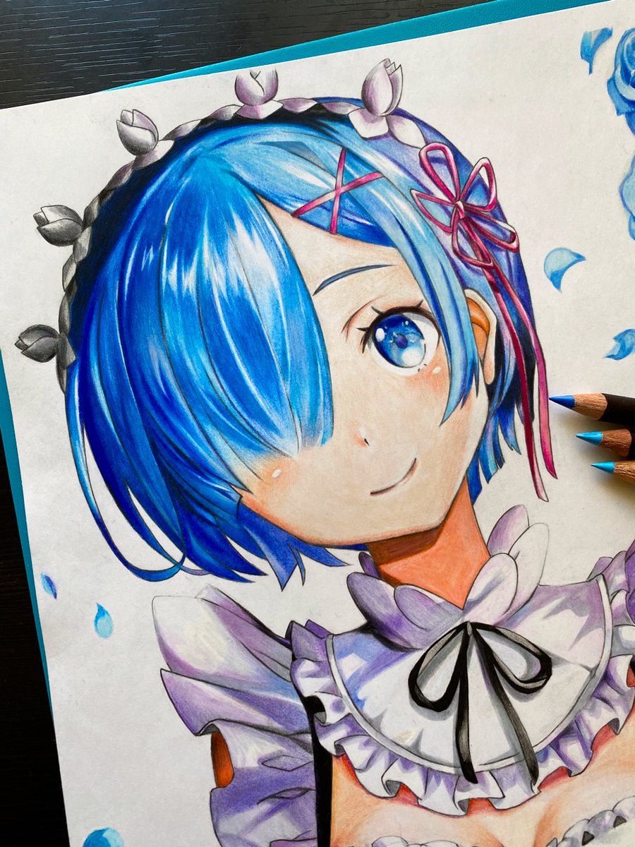 Aigo 鬼がかってますね 色鉛筆でレムを描きました レム リゼロ ゼロから始める異世界生活 模写 色鉛筆画 絵描きさんと繋がりたい