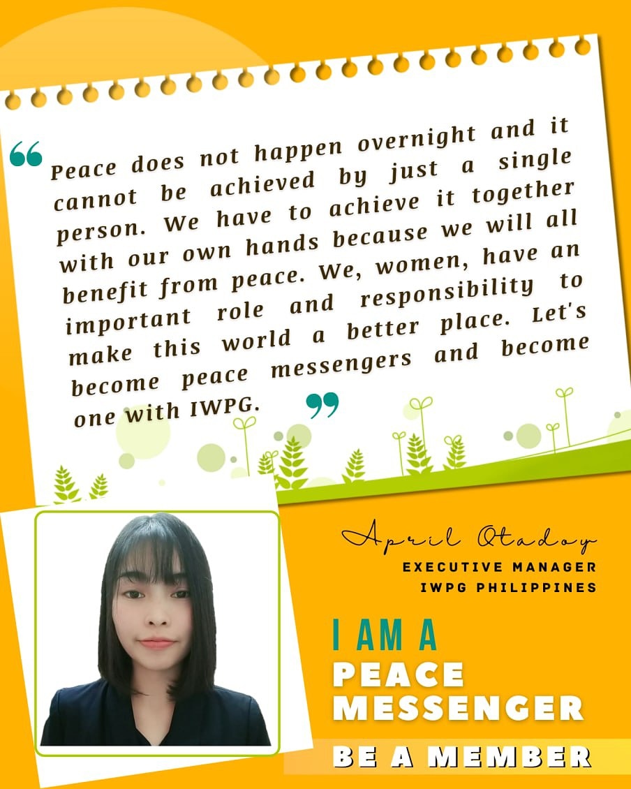 Peace is achievable through the love and care, found in every women's heart. Join us in IWPG as we, work hand in hand to spread peace in our home and community. Be a Peace Messenger.Register here: forms.gle/HqTHyxVQrpYL7T…
# IAmAPeaceMessenger
#BeAMember
#WeAreWomen #WeAreOne