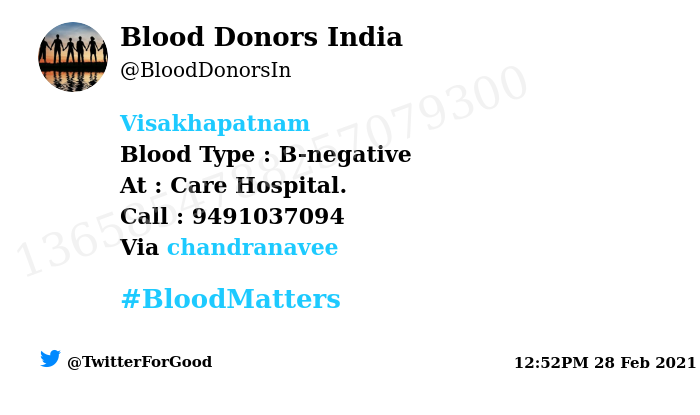 #Visakhapatnam
Need #Blood Type :  B-negative
At : Care Hospital. 
Blood Component : Blood
Number of Units : 4
Primary Number : 9491037094
Via: @chandranavee
#BloodMatters
Powered by Twitter