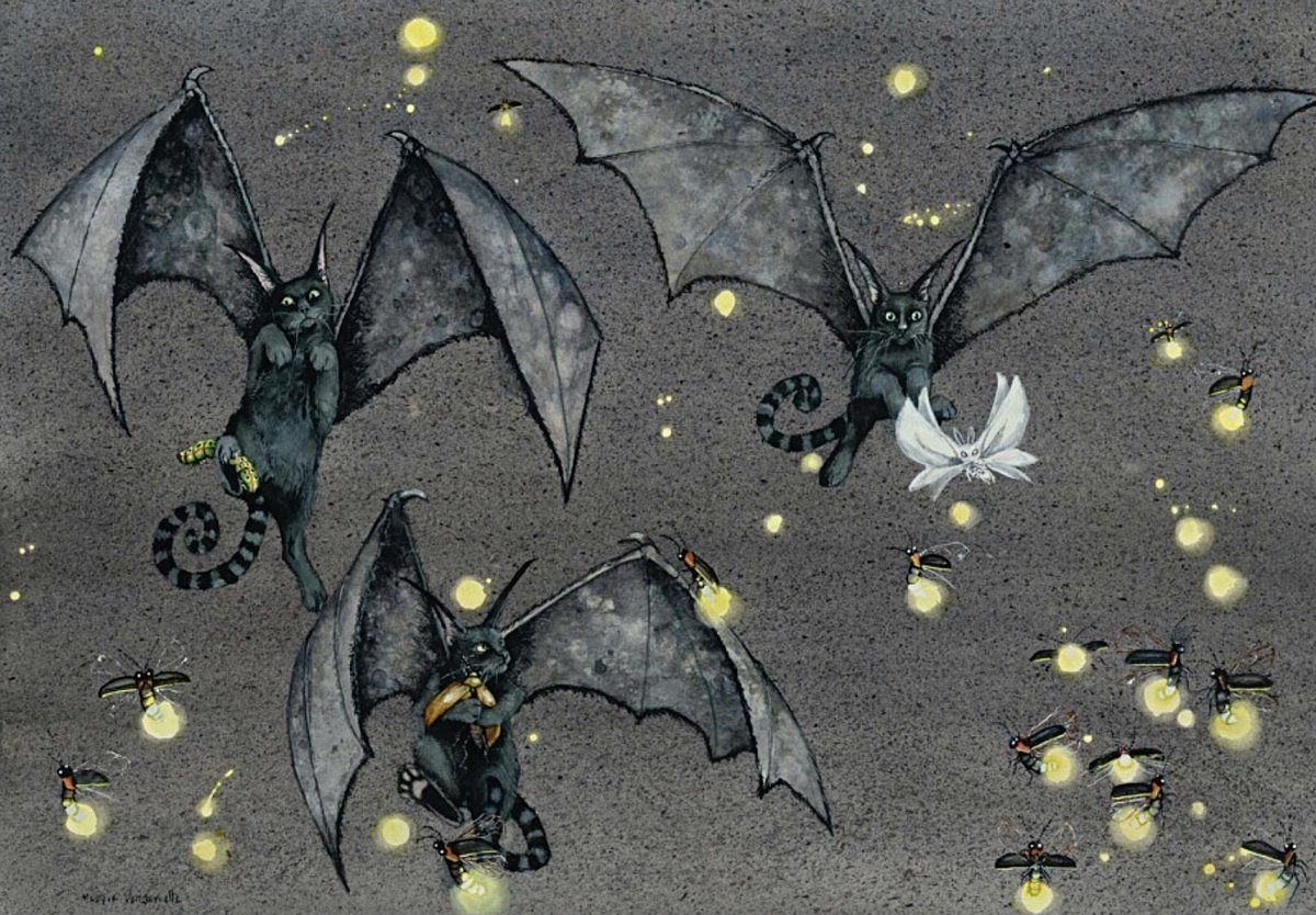 Just learned the term “flying butter packet” and now I know what my cats see in moths😂
maggievandewalle.com 
#cattybats #battycats #blackcats #watercolorpainting