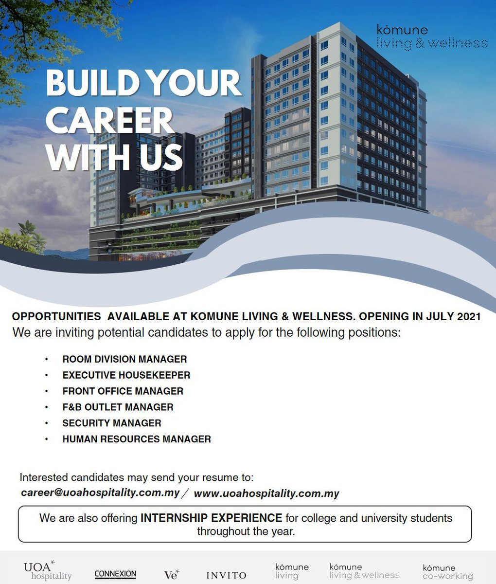 KOMUNE LIVING & WELLNESS OPENING IN JULY 2021. lnkd.in/e3JwZ7f *) ROOM DIVISION MANAGER *) EXECUTIVE HOUSEKEEPER *) FRONT OFFICE MANAGER *) F&B OUTLET MANAGER *) SECURITY MANAGER *) HUMAN RESOURCES MANAGER + offering INTERNSHIP for college and university students
