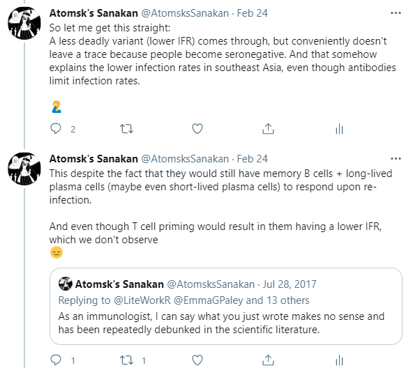 22/EFurther context on why prior infection with other coronaviruses does not adequately explain low COVID-19 deaths per capita in southeast Asian countries, especially in light of low seroprevalence: https://twitter.com/AtomsksSanakan/status/1364660714342932487 https://twitter.com/AtomsksSanakan/status/1364664008830246913 https://twitter.com/AtomsksSanakan/status/1365870324861067266