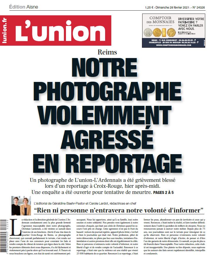 _lunion's tweet image. Ce dimanche, à la Une de votre édition de l’#Aisne :
&amp;gt;&amp;gt; Reims : notre photographe pris pour cible en reportage

#Laon #Soissons
Consultez vos éditions en ligne 
➡️ journal.lunion.fr/lunion