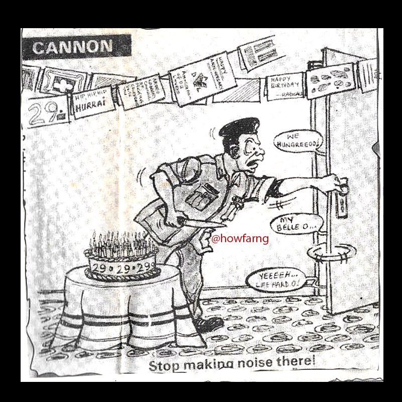 HOWFARng's tweet photo. Nigeria at 29.

A 1989 (Cannon) cartoon. The ‘people’ outside the door wailing, while those “slicing the National Cake’ reply with some ‘comforting’ words about noise pollution. 

We won’t say more 😷😐

.
#nigeria #nigeriaindependence #cartoon #politics #howfarnigeria https://t.co/20XOU0ZqYI