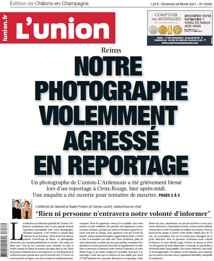 _lunion's tweet photo. A la Une de vos éditions de la #Marne :
>> @LantenoisChl violemment agressé en reportage
>> @ge_baehr et @CaroleLardot : « Rien ni personne n’entravera notre volonté d’informer »

#Vitry #Châlons #Epernay #Reims 
Consultez vos éditions en ligne
➡️ https://t.co/w0BVsPQ0Yr https://t.co/Gz4AWbEAPM