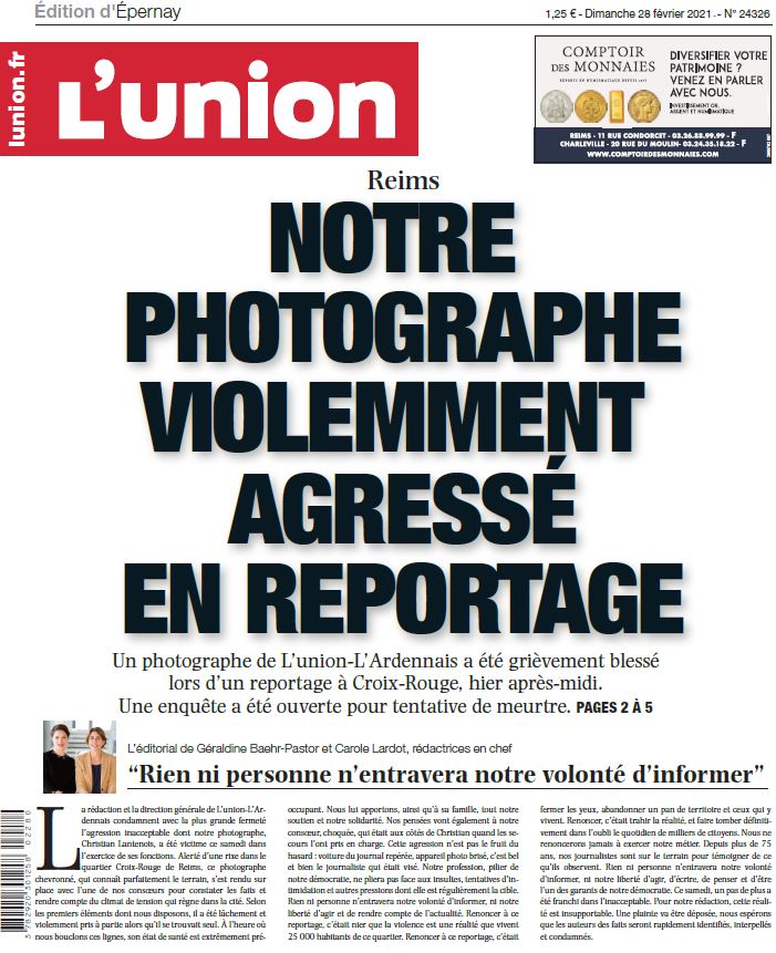 _lunion's tweet photo. A la Une de vos éditions de la #Marne :
>> @LantenoisChl violemment agressé en reportage
>> @ge_baehr et @CaroleLardot : « Rien ni personne n’entravera notre volonté d’informer »

#Vitry #Châlons #Epernay #Reims 
Consultez vos éditions en ligne
➡️ https://t.co/w0BVsPQ0Yr https://t.co/Gz4AWbEAPM