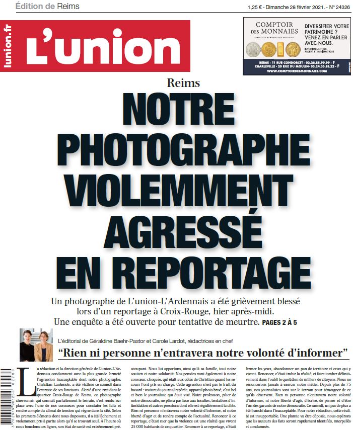 _lunion's tweet photo. A la Une de vos éditions de la #Marne :
>> @LantenoisChl violemment agressé en reportage
>> @ge_baehr et @CaroleLardot : « Rien ni personne n’entravera notre volonté d’informer »

#Vitry #Châlons #Epernay #Reims 
Consultez vos éditions en ligne
➡️ https://t.co/w0BVsPQ0Yr https://t.co/Gz4AWbEAPM