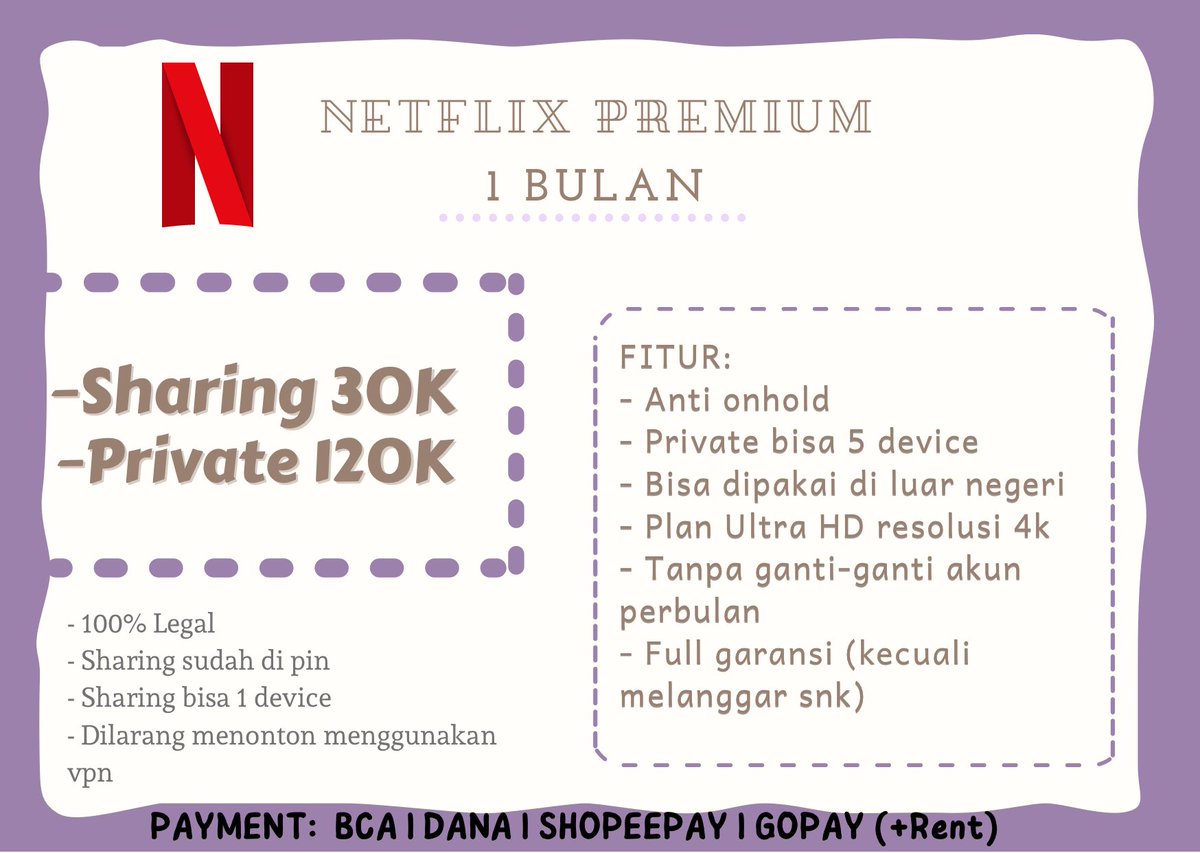 jnenduk's tweet photo. 🪐Jual Netflix Premium🪐

🍃Sharing🍃
• 1 Bulan 30K
• 3 Bulan 70K
🍃Private🍃
• 1 Bulan 120K
• 3 Bulan 265K

Payment: BCA | DANA | GOPAY | SHOPEEPAY | LinkAja

Untuk order bisa DM ya😉 (abis dm mention)

t. mana yang jual mau beli legal murah trusted netflix tukang https://t.co/394PhQR2Kd
