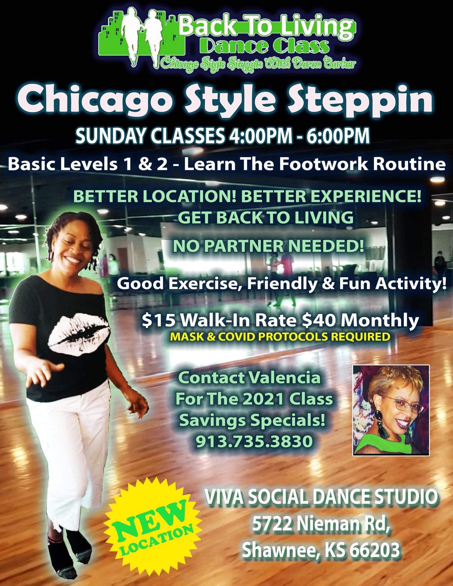 GetBack2Living's tweet image. NEW LOCATION! BETTER LOCATION! BETTER EXPERIENCE!

PLEASE SHARE &amp;amp; INVITE: SUNDAY CHICAGO STYLE STEPPIN CLASS TODAY (Sunday 4 – 6 pm)

FACE MASK &amp;amp; COVID PROTOCOLS REQUIRED

Viva Social Dance Studio
5722 Nieman Rd, Shawnee, KS 66203

$15 drop in or $40 for a month!
913.735.3830