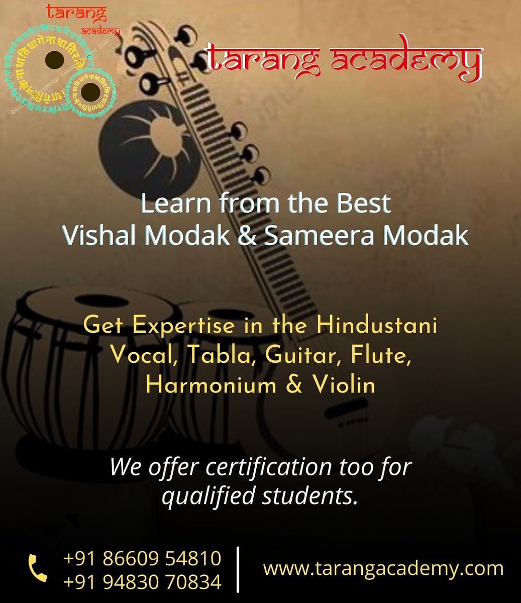TarangAcademy's tweet photo. Learn from the best Prof, Vishal Modak &amp; Sameera Modak.

Get Expertise in Hindustani Vocal, Tabla, Guitar, Flute, Harmonium &amp; Violin.🎶🎼

For more enquiries:
Call: +91 86609 54810
Visit: https://t.co/prCXME2UEM

#TarangAcademy #TarangMusicClasses #MusicAcademy #MusicClasses https://t.co/ppPtAGuBBD