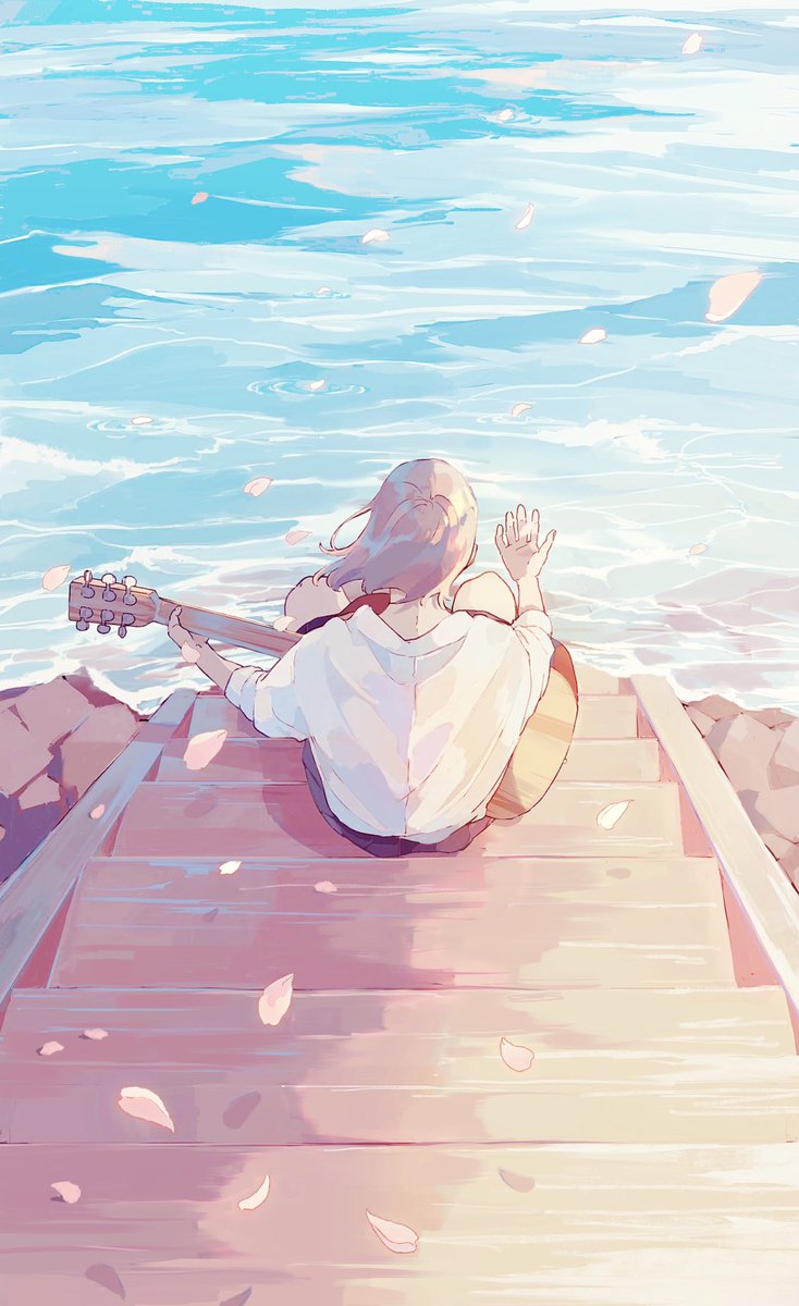 instrument solo playing instrument sitting water white shirt petals  illustration images