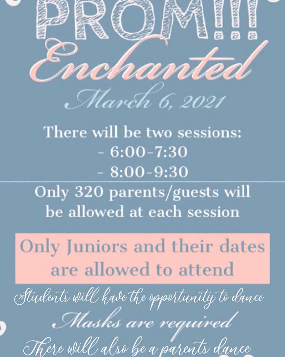 Make sure to buy your tickets in the office they will not be sold the night of the dance. There will be refreshments served for the juniors. There will also be a backdrop for pictures but there will NOT be a professional photographer. Make sure to mask up and come have fun!
