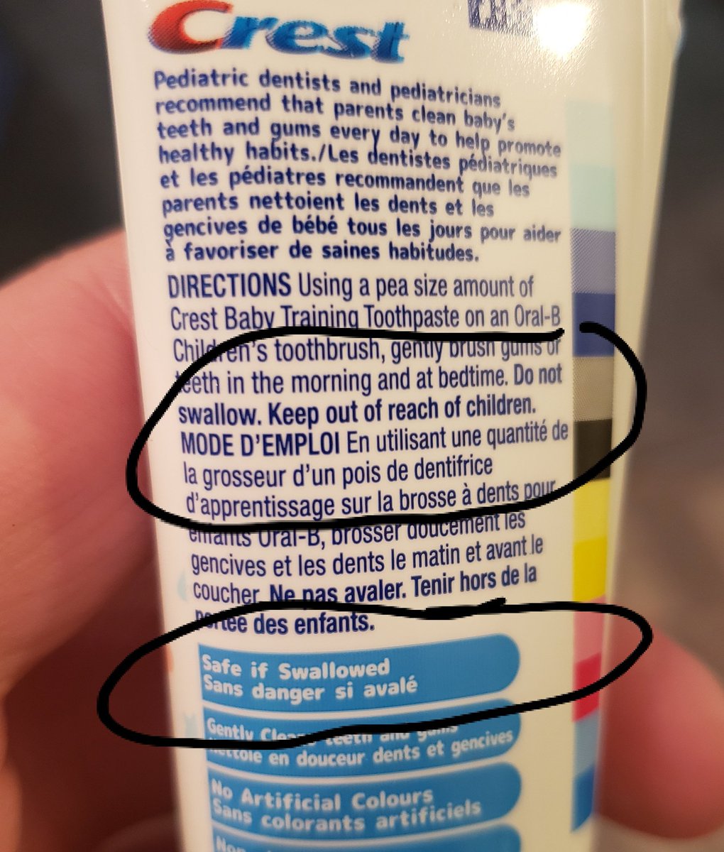 ellietara's tweet image. @Crest Can you confirm if this is Do Not Swallow or Safe to Swallow? I'm assuming it is safe...and the text is just copied and pasted to all toothpaste tubes... Currently using with a 2 year old who doesn't spit out yet ! #Crest #babytoothpaste
