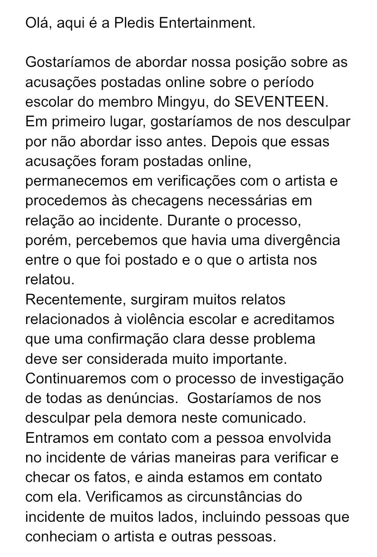 SEVENTEEN_BRA's tweet photo. [OFICIAL|TRAD] 28.02.21 Atualização no Twitter. @pledis_17 

⚠️ Posicionamento acerca do membro Mingyu do SEVENTEEN. https://t.co/NMSPi2yvAj