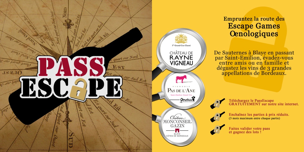 🗺 [ #PASSESCAPE ] 🗺⁠
⁠
🚗 Empruntez la route des #EscapeGames Œnologiques de #Bordeaux avec :
⁠
Château de #RayneVigneau #Sauternes
Château #MonconseilGazin #CoteDeBourg
Château #PasDelAne #saintemilion
⁠
📜 Téléchargez votre pass sur raynevigneau.fr