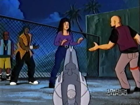 Julie interrupts: "Ronnie saw who shot Mr. King, and he told me!" But, uh-oh, someone is about to shoot HER! (That person would then definitely be able to get away from both gangs without being identified.)