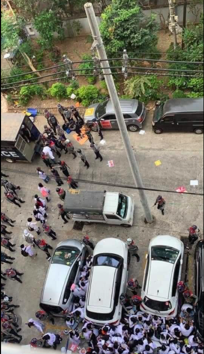 shun_htwe's tweet photo. Medical students are arrested when they are preparing to protest. Police told them to take off duty coat before getting on the prison care. Where is justice for us?? 
#WhatsHappeningInMyanmar 
#Feb28Coup 
#OpCCP https://t.co/lQudLMw4X0
