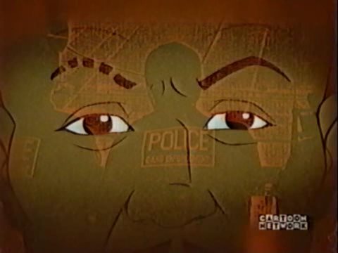 For one minute and 53 seconds, the show plays a montage of red-tinted versions of photos, of civil rights leaders, burned churches, guns, protests, and so on. Occasionally the images are overlaid by the gang leader's eyes, so you know the montage is in their heads.