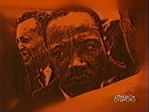 For one minute and 53 seconds, the show plays a montage of red-tinted versions of photos, of civil rights leaders, burned churches, guns, protests, and so on. Occasionally the images are overlaid by the gang leader's eyes, so you know the montage is in their heads.