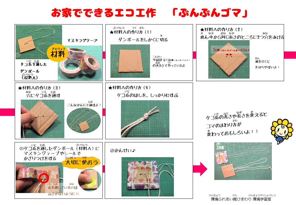 まわるん るん るん お家でできるエコな工作を紹介するよ ぶんぶんゴマ シールやイラストで 自分だけのオリジナルを作ろう 回すとぶんぶん音がなるから ぶんぶんゴマというよ お家でエコ工作