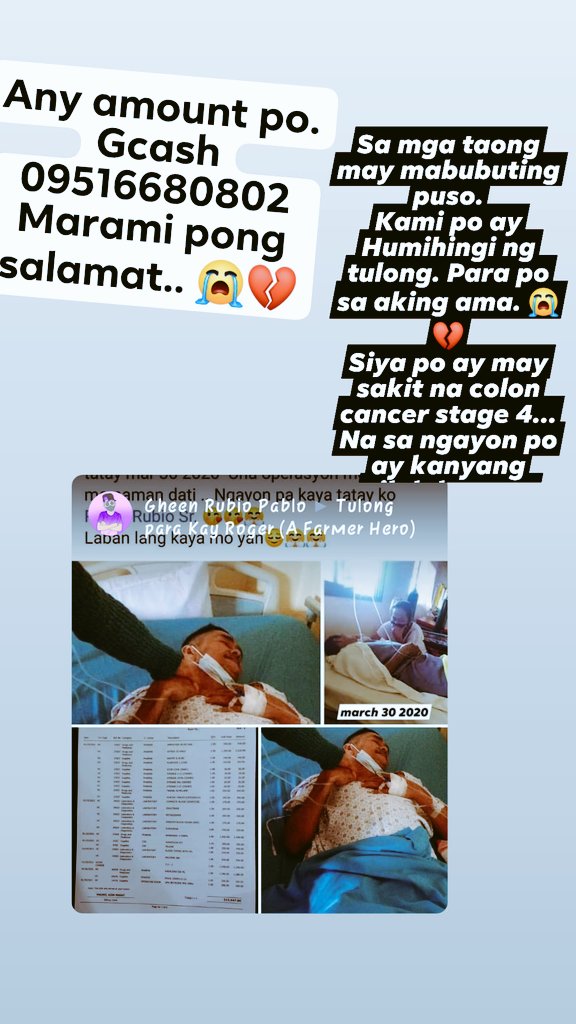 Fund raising💓😭😇 For my tatay po Sana.. Pang financial assistance po niya. kami po ay Humihingi ng tulong. 😭 MARAMING SALAMAT SA MGA TUTULONG.
GODBLESS YOU💓😇
#stage4coloncancer