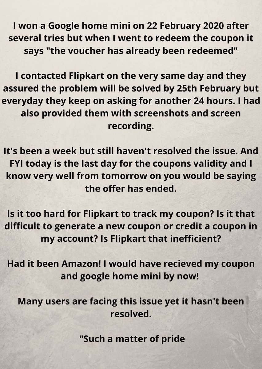 jeevan_1357's tweet photo. @Flipkart @flipkartsupport @Walmart @WalmartInc
@walmartindia
@WalmartOrg 
Complaint no. IN2102221718154938079
I am unable to redeem my  Google home mini coupon and Flipkart is just dragging it as the offer ends today . Flipkart is playing with all the users. Worst experience! https://t.co/SB7DxouTvz