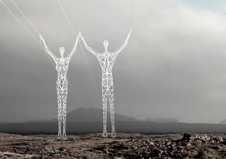 HWarlow's tweet image. Icelandic Architects create electricity pylons shaped  like humans 150ft tall and  inspired by the idea of brightening up,Iceland’s volcanic landscape