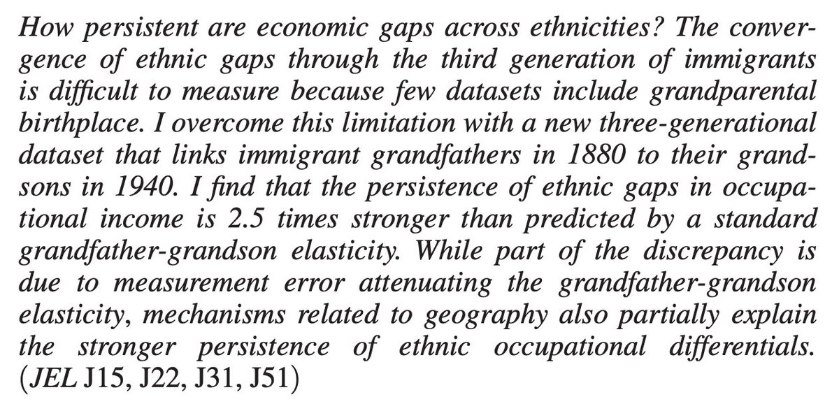 Among male US immigrants in 1880, occupational income varied by ethnicity.That explains more than ½ of ethnic gaps in occupational income among *their grandsons* in 1940.By  @EconZach —>  https://doi.org/10.1257/app.20170382Before comparing present to past, we must understand the past.