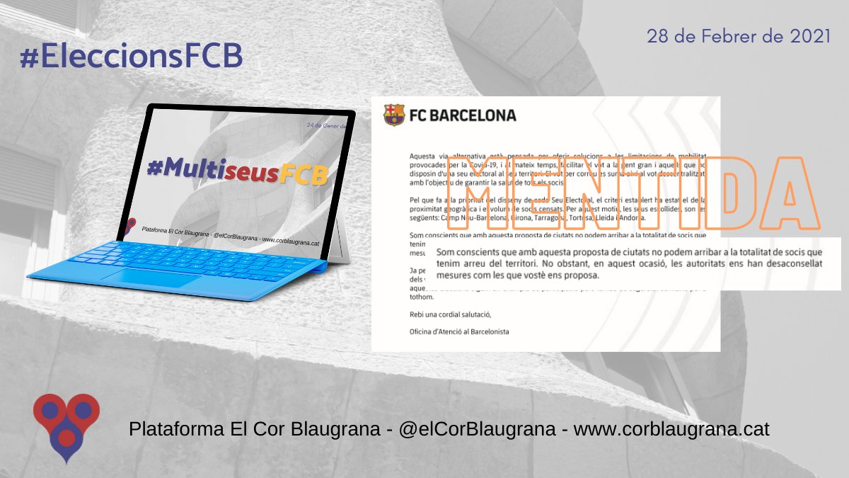 ElCorBlaugrana's tweet photo. En l'escrit els vam recordar totes les propostes de #MultiseusFCB per tornar a insistir en la màxima participació, que ells van rebutjar utilitzant una mentida flagrant

Les autoritats MAI han desaconsellat al Club posar més seus

#EleccionsFCB https://t.co/SmeJuyQno9