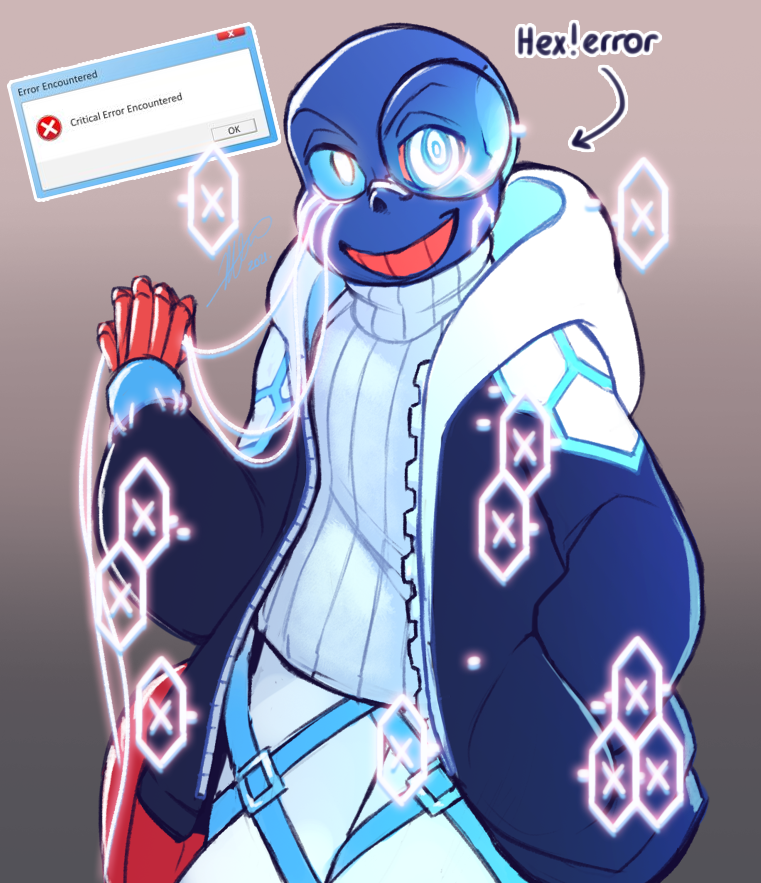 PudgyChee's tweet photo. Hex!error in the house. His name is short for Hexagon, he likes white chocolate and long walks in the anti-void. A little less unhinged or powerful as the original error, but he can hold his own. Plez enjoy. #windowserrorsans #undertaleAU #errorsansAU #badsans💙🤍❤️ https://t.co/F0Gnx5cahF