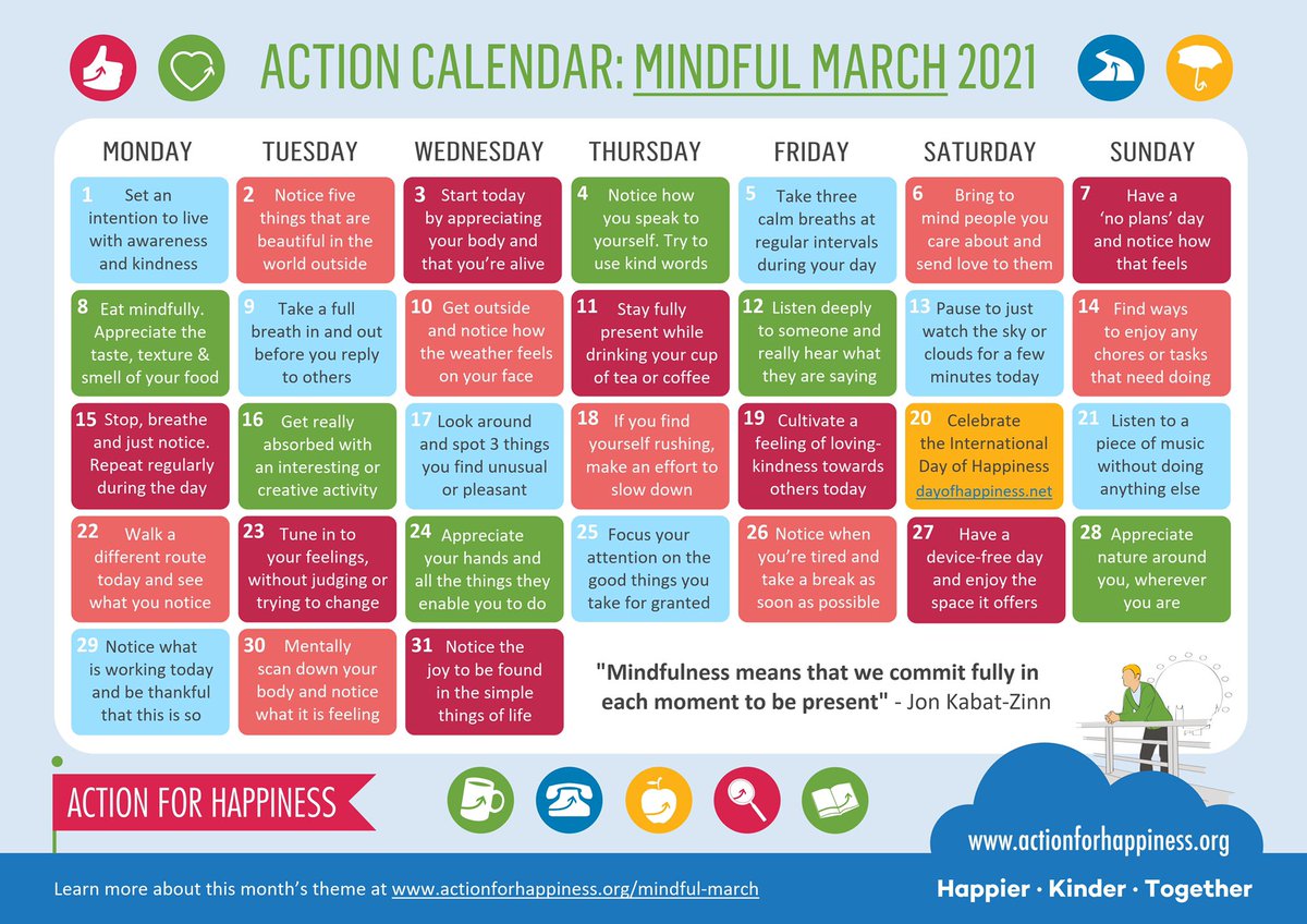 Learning to live mindfully helps us get more out of life and cope better in difficult times 🙏🌈

Join us for #MindfulMarch and find ways to approach each day with awareness and compassion actionforhappiness.org/mindful-march #MindfulMarch