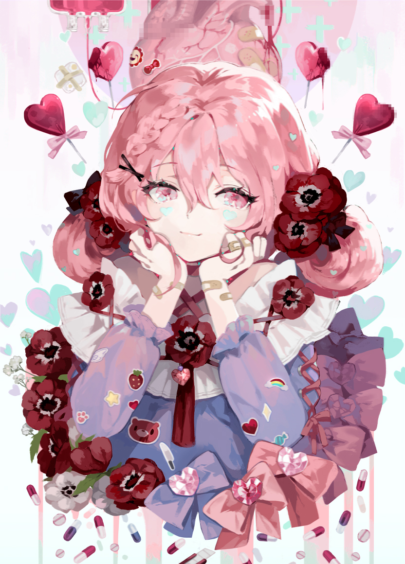 1girl pink hair flower hair ornament pink eyes solo heart  illustration images