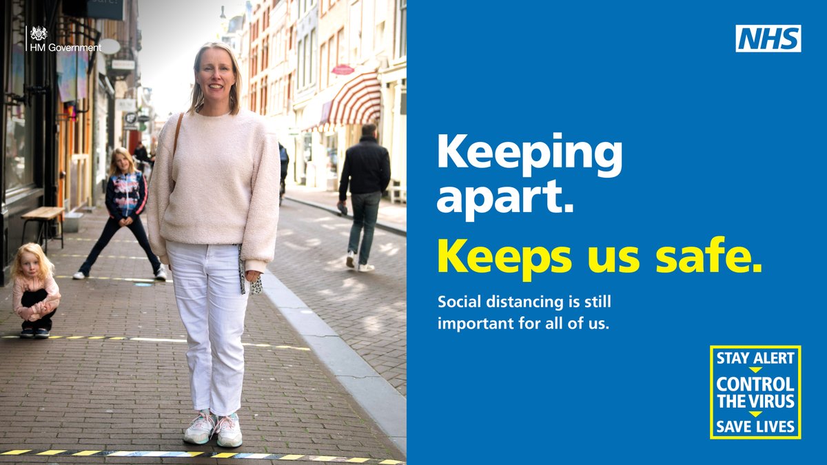 To protect yourself and others:

✋ Wash your hands regularly
😷 Wear a face covering in enclosed spaces
➡️ Stay at least 2 metres apart - or 1 metre with other precautions

Feeling unwell? Get a test and self isolate ⚠️ gov.uk/coronavirus