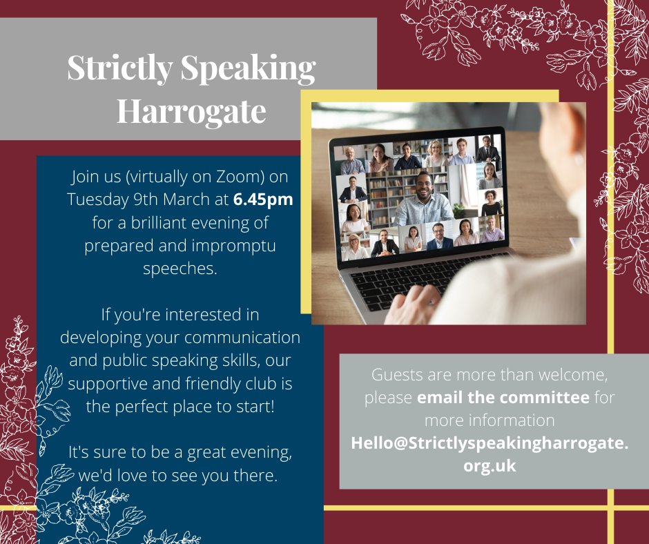 Join us for our first meeting of Spring - a time of growth and new beginnings - on the 9th March. 💐 Grow and progress as a speaker with Toastmasters - get in touch to find out how!  
#PublicSpeaking  #ToastmastersInternational