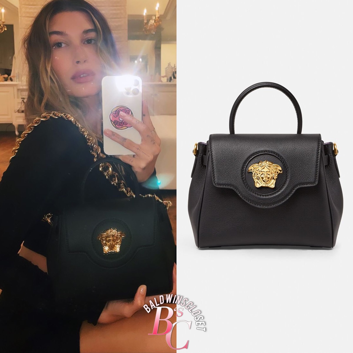 Hailey Bieber's Closet on X: February 26, 2021 - #HaileyBieber showed off  her gorgeous #Versace La Medusa Small Bag in Black for $1,695.00. She is  such a supportive wifey. She put a #