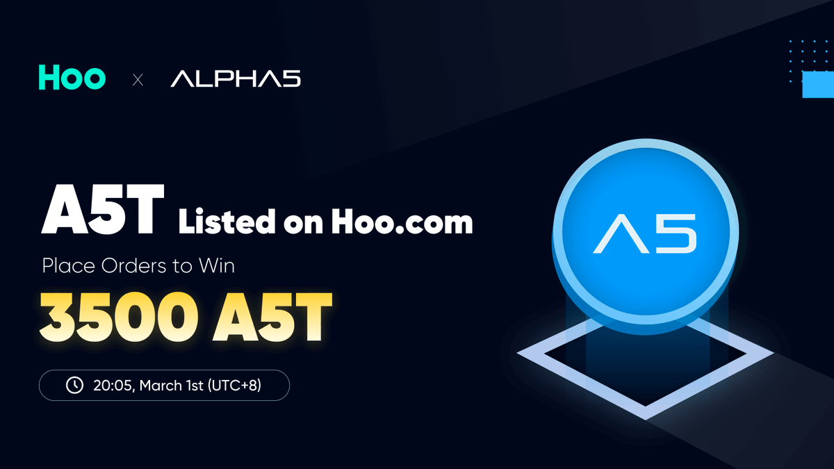 Hoo_exchange's tweet photo. $A5T (Alpha5) listing bonus on Hoo, Rewards 75 $A5T to 10 winners!! 
✅Follow+RT+Like @alpha5_io @Hoo_exchange
✅Tag 3 friends
✅Join Hoo TG: https://t.co/5B1LrdgObc
✅Join $A5T TG: https://t.co/JYMo9GmwKJ
Winners drawn at 17:00, 01/03, UTC+8
More details: https://t.co/Fqijft4wYf https://t.co/RzyhzlWdsD