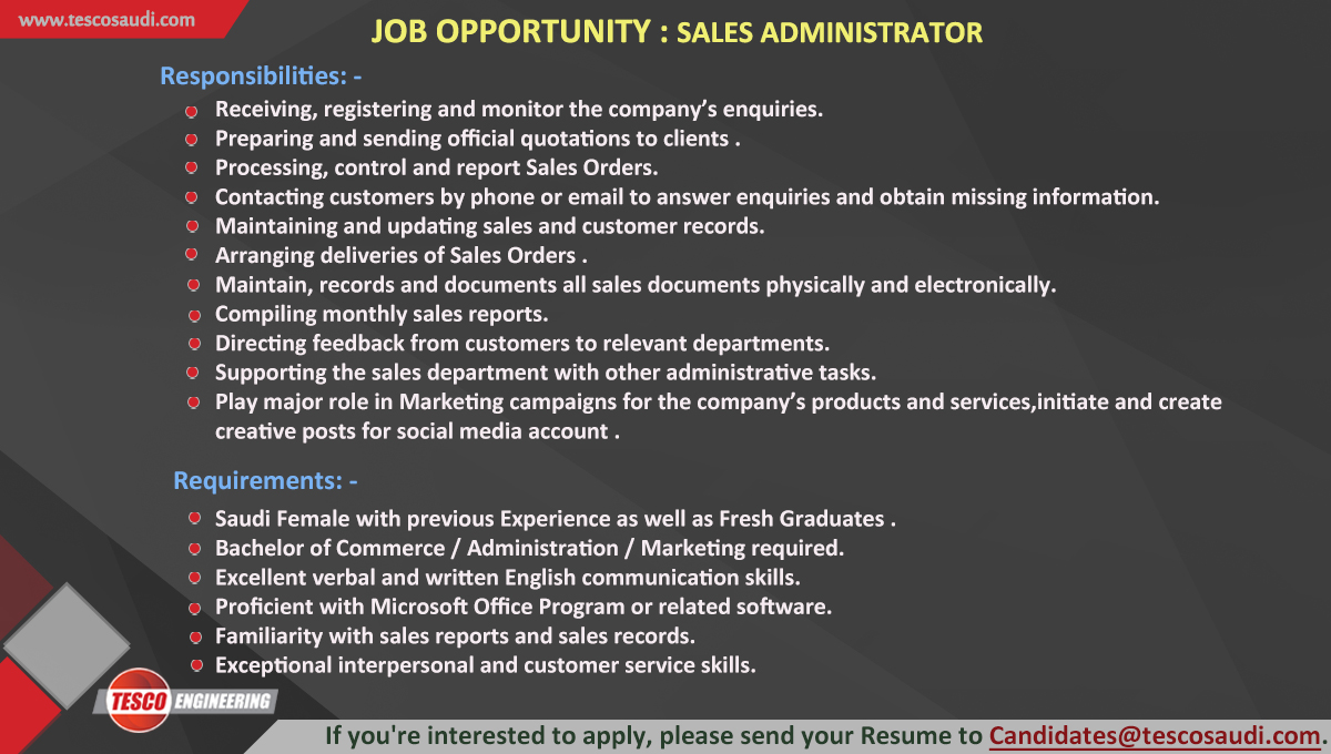 Tescosaudi's tweet photo. #JobOpportunity at #TESCOEngineering for the post of #SalesAdministrator !!
If you're interested to apply, please send your Resume to Candidates@tescosaudi.com.
The #ClosingDate for all Applications is #March #9th , #Tuesday. https://t.co/zBlwmwrbzZ