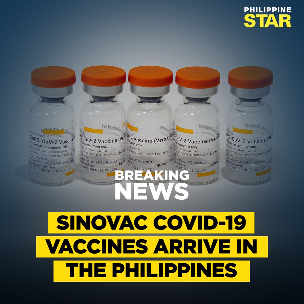 PhilippineStar's tweet photo. JUST IN: The first batch of 600,000 Sinovac COVID-19 vaccines from China is now the country. https://t.co/GoMh11Lqeb
