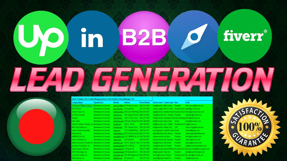 Upwork: upwork.com/freelancers/~0…
Fiverr gig: fiverr.com/share/KkRDGW

Hey, 

Make your campaign batter with valid email list.

#b2bleadgeneration #leadgeneration #linkedinleadgeneration #listbuilding #webresearch #datascraping #dataentry #datamining #prospectlist #Contactlist
