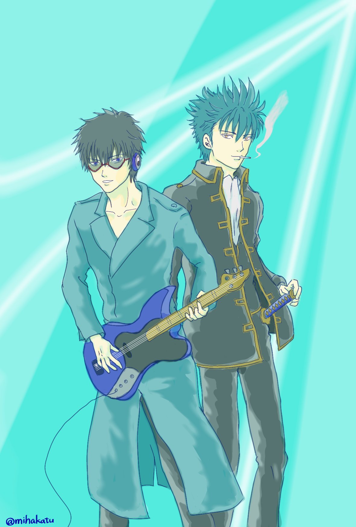 みはかつ 桜タグ ラストは銀ちゃん 輝く雪の結晶ラバー Gntm Odai お題 ギター ギター のイメージで万斉さん アレ 最終的に衣装チェンジした二人になりました イケメンは何着ても良し 土方十四郎 河上万斉 ギター