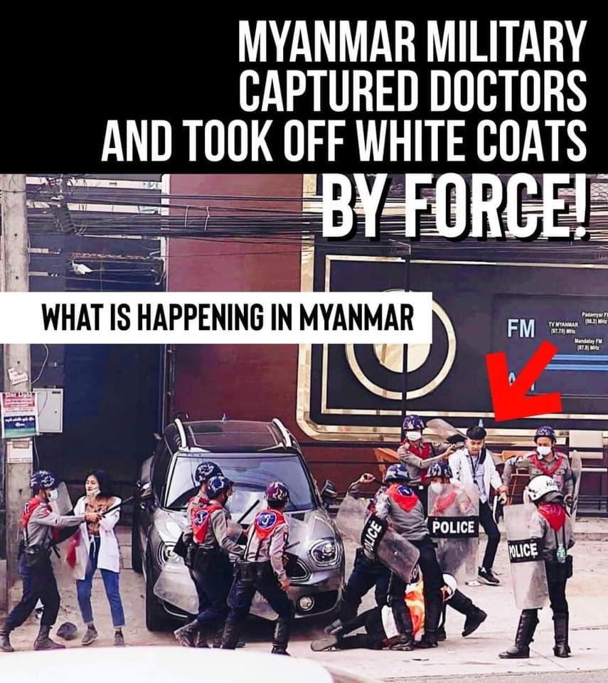nicktun's tweet image. "White coat revolution” brutally cracked down by coup military and police even before starting. 
There was NO three line warning. 
There was NO negotiation. 
The police just started shooting and charging at us. 

#globalspringrevolution
#milkteaalliance 
#whatshappeninginmyanmar