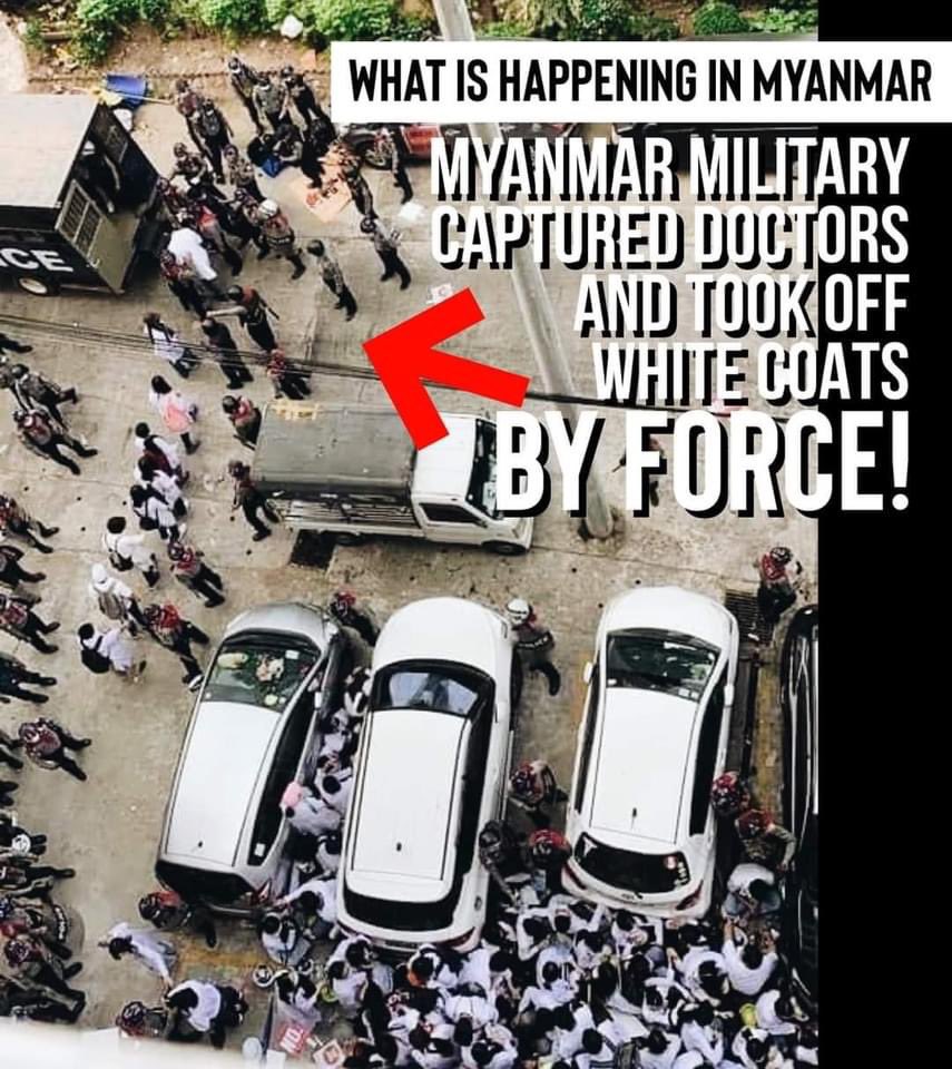 nicktun's tweet image. "White coat revolution” brutally cracked down by coup military and police even before starting. 
There was NO three line warning. 
There was NO negotiation. 
The police just started shooting and charging at us. 

#globalspringrevolution
#milkteaalliance 
#whatshappeninginmyanmar