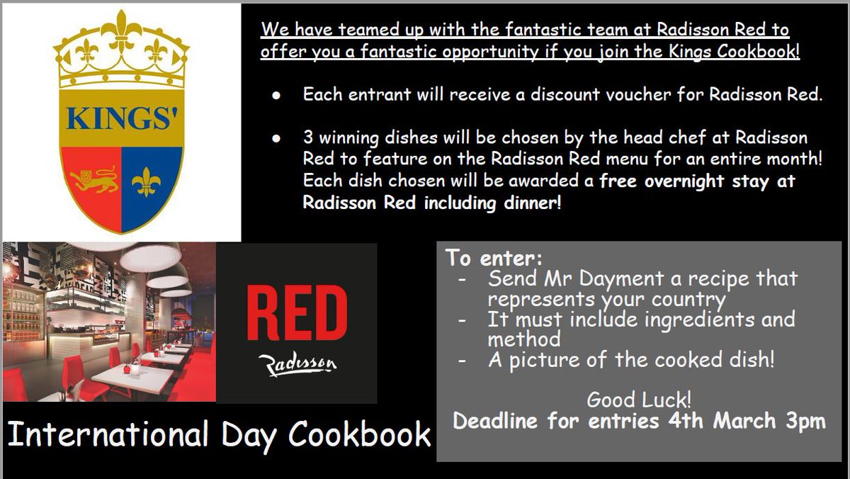 We have teamed up with the fantastic team at Radisson Red Hotel! Who have offered some fantastic prizes for our Secondary International Day E-CookBook! Get involved for a chance to see your dish on the Red Hotel menu! And win an overnight stay! #InThisTogether #Community #Family